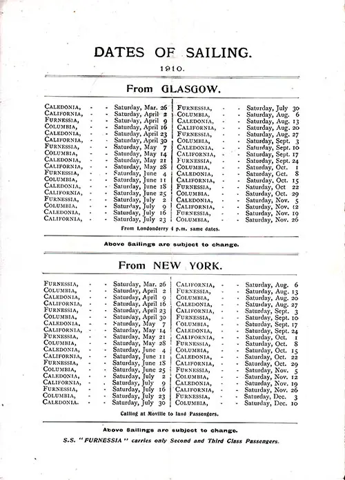 Sailing Schedule, Glasgow-New York, from 26 March 1910 to 10 December 1910.