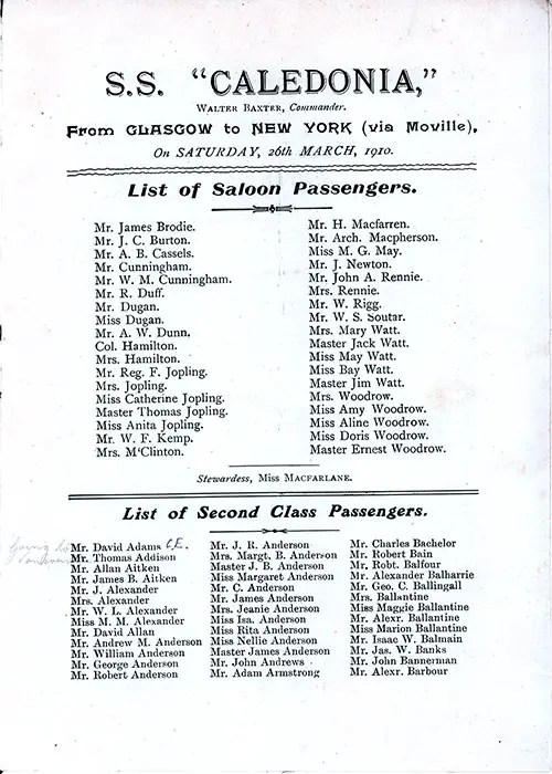 Title Page, Saloon Passengers, Second Class Passengers, Part 1. SS Caledonia Saloon and Second Class Passenger List, 26 March 1910.