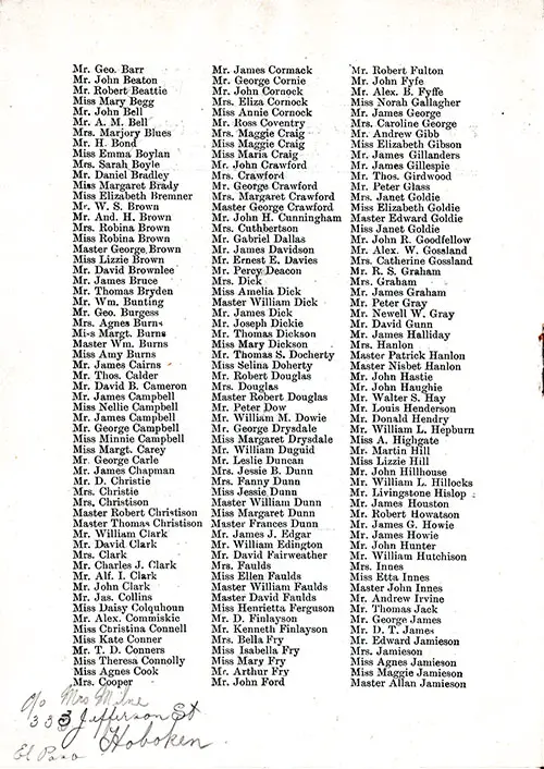Second Class Passengers, Part 2. SS Caledonia Saloon and Second Class Passenger List, 26 March 1910.