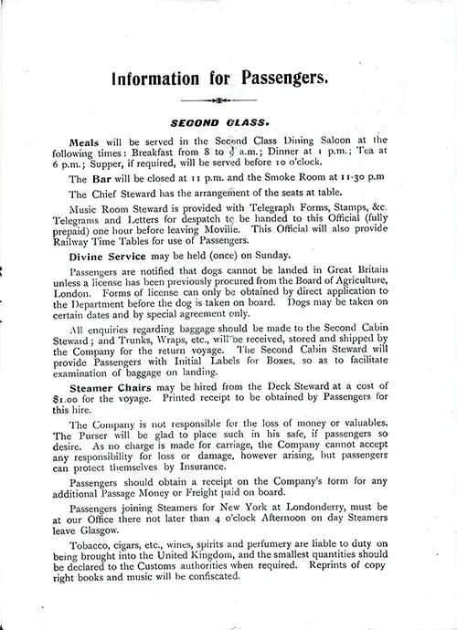 Information for Passengers, Second Class. SS Caledonia Saloon and Second Class Passenger List, 26 March 1910.