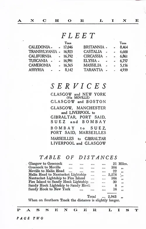 Anchor Line Fleet List, Services, and Table of Distances. TSS California Cabin Passenger List, 17 September 1927.