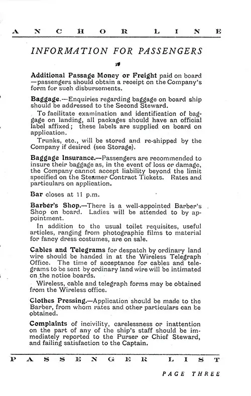 Information for Passengers, Part 1. TSS California Cabin Passenger List, 17 September 1927.