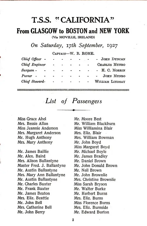 List of Cabin Passengers, Part 1, TSS California Cabin Passenger List, 17 September 1927.