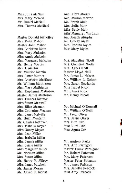 List of Cabin Passengers, Part 6, TSS California Cabin Passenger List, 17 September 1927.