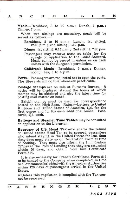 Information for Passengers, Part 3. TSS California Cabin Passenger List, 17 September 1927.