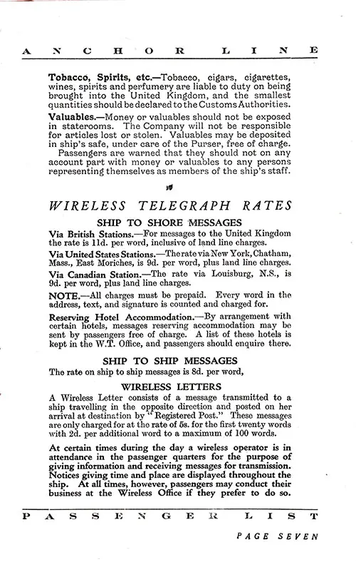Information for Passengers, Part 5. TSS California Cabin Passenger List, 17 September 1927.