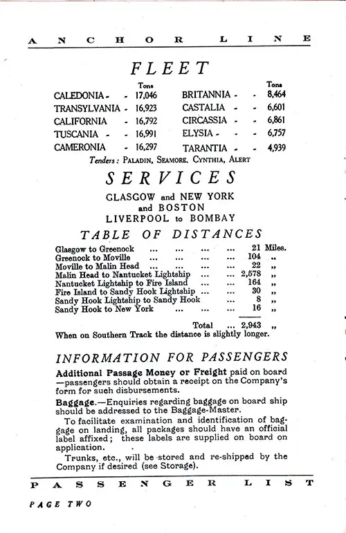 Anchor Line Fleet List, Services, Table of Distances, and Information for Passengers, Part 1. TSS California Cabin and Tourist Third Cabin Passenger List, 10 July 1931.