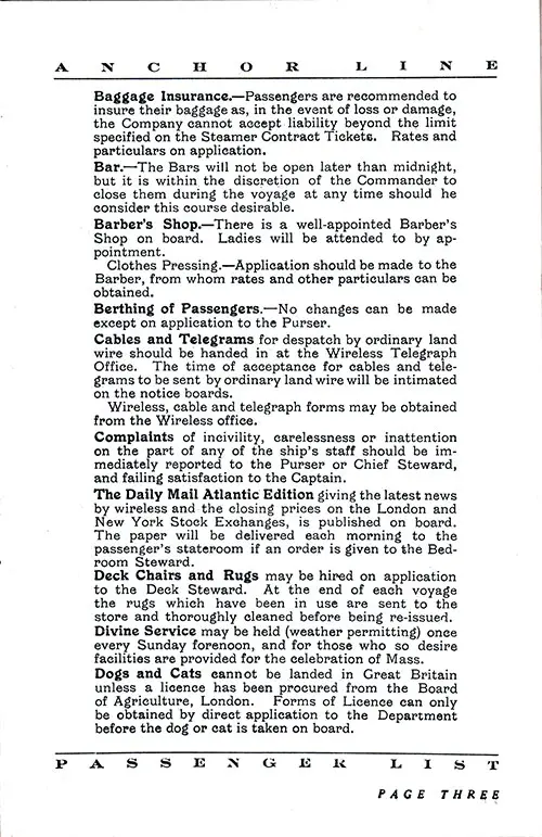 Information for Passengers, Part 2. TSS California Cabin and Tourist Third Cabin Passenger List, 10 July 1931.