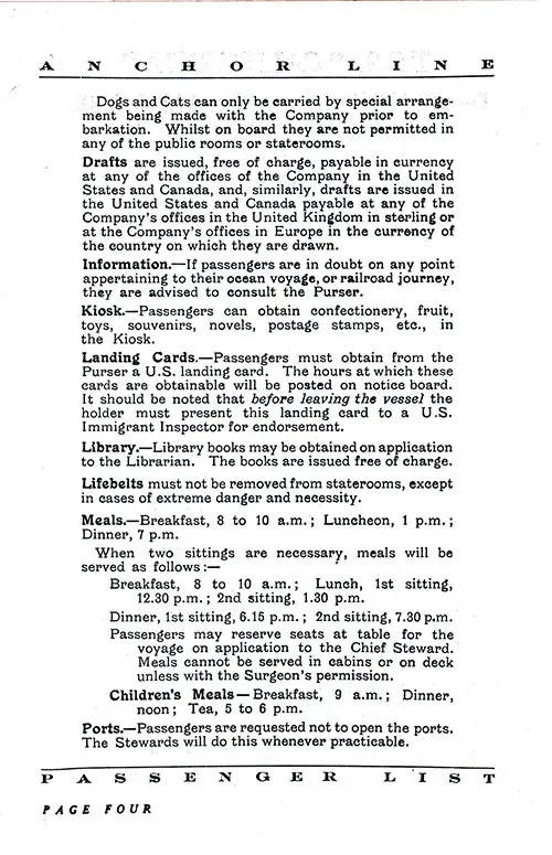 Information for Passengers, Part 3. TSS California Cabin and Tourist Third Cabin Passenger List, 10 July 1931.