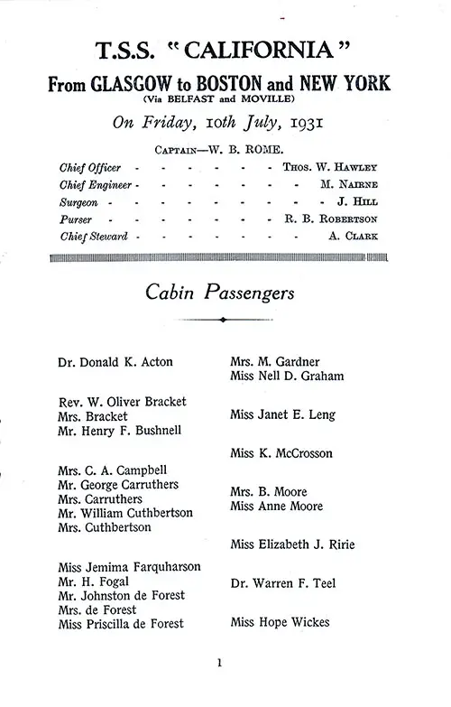 List of Senior Officers and Staff, Cabin Class Passengers. TSS California Cabin and Tourist Third Cabin Passenger List, 10 July 1931.