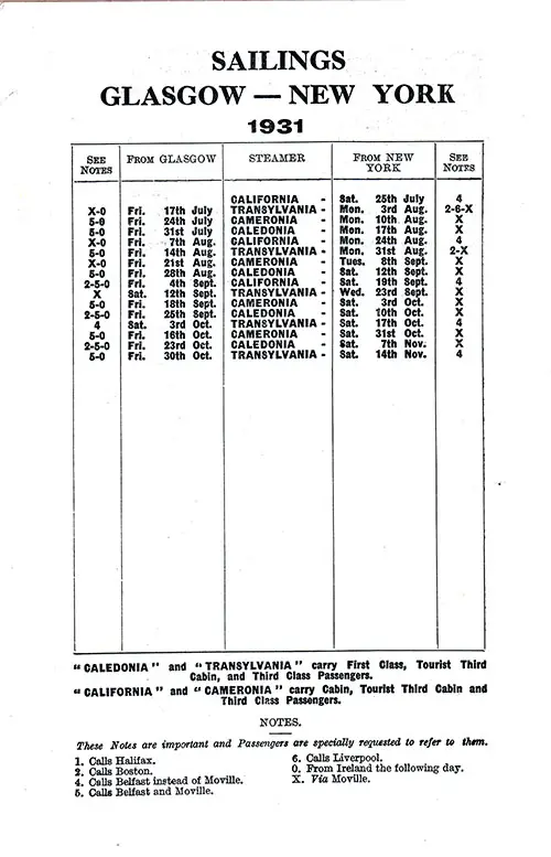 Sailing Schedule, Glasgow-New York, 25 July 1931 to 14 November 1931. Ships Included the Caledonia, California, Cameronia, and Transylvania.