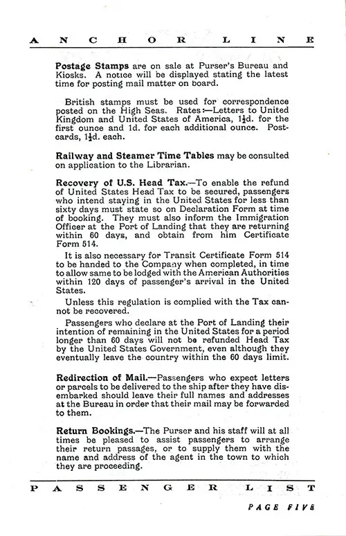 Information for Passengers, Part 4. TSS California Cabin and Tourist Third Cabin Passenger List, 10 July 1931.