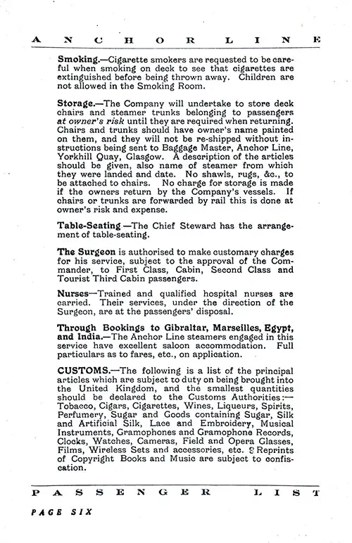 Information for Passengers, Part 5. TSS California Cabin and Tourist Third Cabin Passenger List, 10 July 1931.
