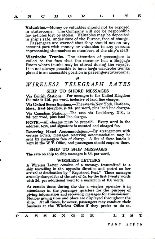 Information for Passengers, Part 6, Wireless Telegraph Rates, and Wireless Letters. TSS California Cabin and Tourist Third Cabin Passenger List, 10 July 1931.