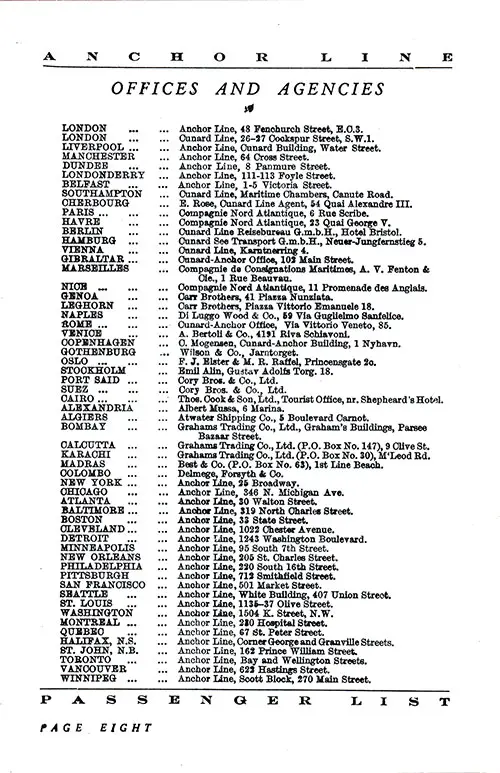 Anchor Line Offices and Agencies, TSS California Cabin and Tourist Third Cabin Passenger List, 10 July 1931.