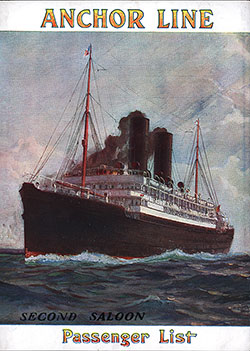 GGA Image ID # 22a45172b9 Front Cover, TSS Cameronia Second Class Passenger List from the Anchor Steamship Line, Departing 31 August 1912 from Glasgow to New York via Moville.
