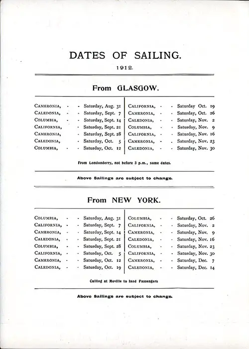 Sailing Schedule, Glasgow-New York, From 31 August 1912 to 14 December 1912.