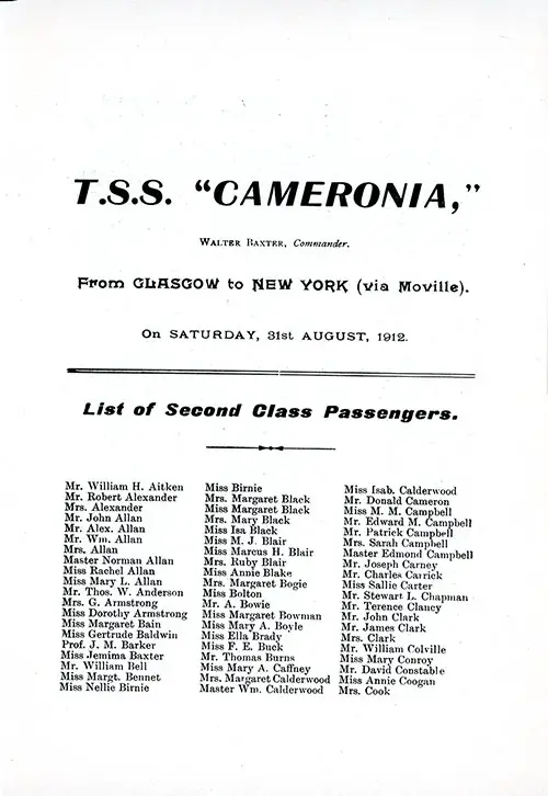 Title Page and List of Passengers, Part 1. TSS Cameronia Second Class Passenger List, 31 August 1912.