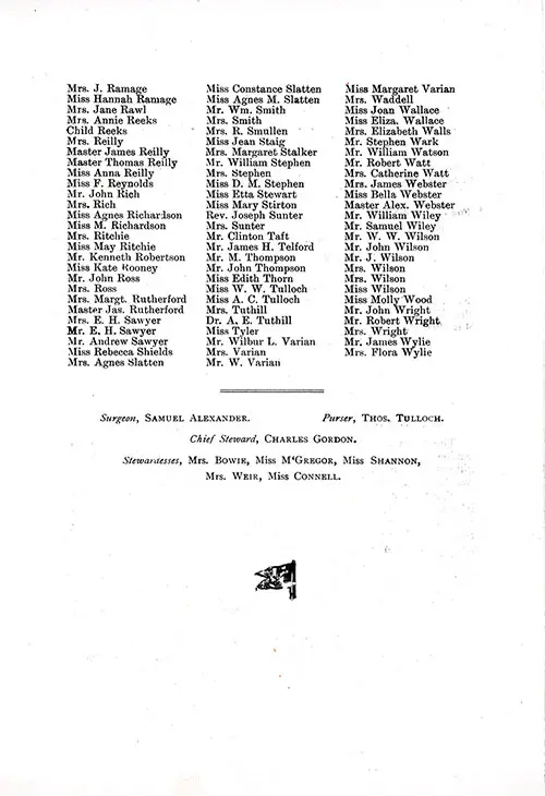 List of Passengers, Part 3. TSS Cameronia Second Class Passenger List, 31 August 1912.