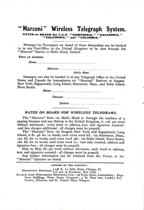 Marconi Wireless Telegraph System with Rates. TSS Cameronia Second Class Passenger List, 31 August 1912.