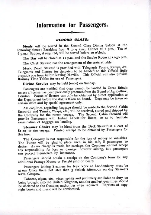 Information for Passengers, TSS Cameronia Second Class Passenger List, 31 August 1912.
