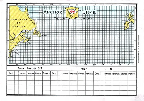 Back Cover Containing Anchor Line North Atlantic Track Chart and Memorandum of Log (Unused), TSS Cameronia Second Class Passenger List, 31 August 1912.