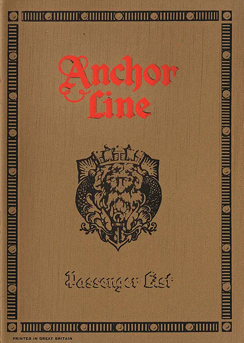 Front Cover, TSS Cameronia Cabin Passenger List for the Anchor Line, Departing Saturday, 31 July 1926 from Glasgow to New York via Moville