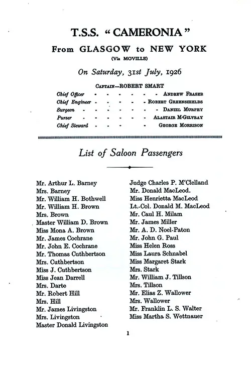 Senior Officers and Staff, Saloon Passengers, TSS Cameronia Cabin Passenger List, 31 July 1926.