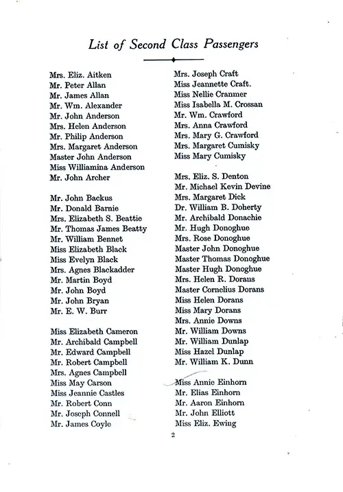Second Class Passengers, Part 1, TSS Cameronia Cabin Passenger List, 31 July 1926.