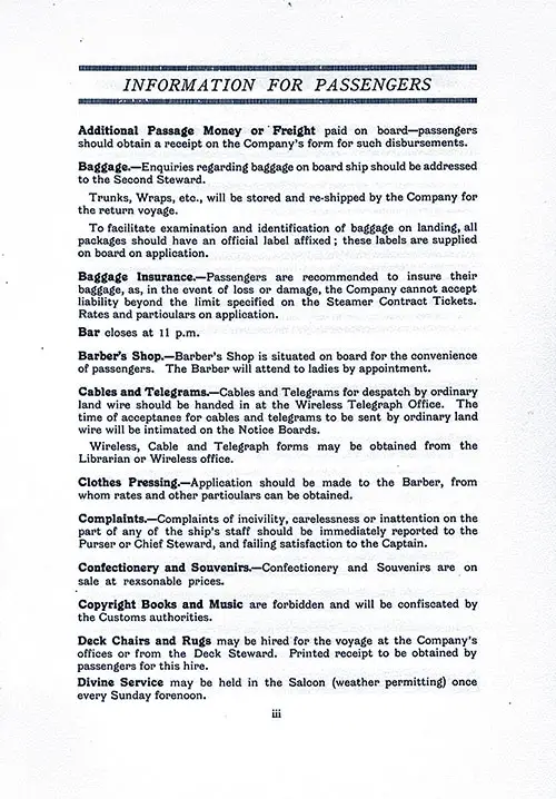 Information for Passengers, Part 1, TSS Cameronia Cabin Passenger List, 31 July 1926.