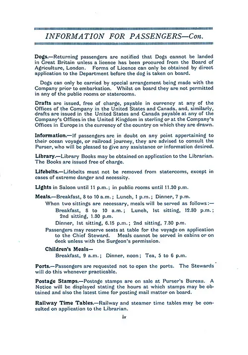 Information for Passengers, Part 2, TSS Cameronia Cabin Passenger List, 31 July 1926.