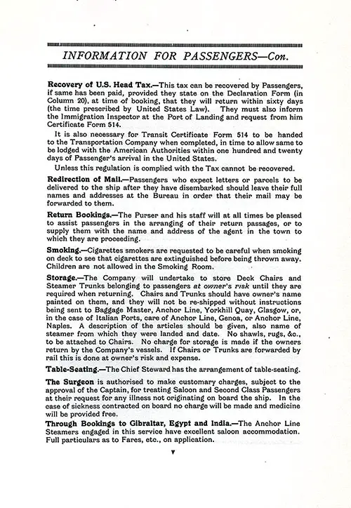 Information for Passengers, Part 3, TSS Cameronia Cabin Passenger List, 31 July 1926.