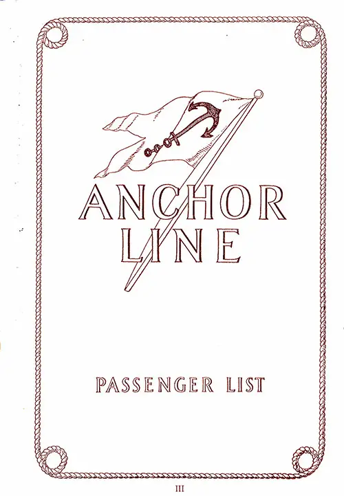 Front Cover of a Tourist Third Cabin Passenger List from the SS Cameronia of the Anchor Line, Departing Saturday, 2 July 1927 from New York and Boston to Glasgow.