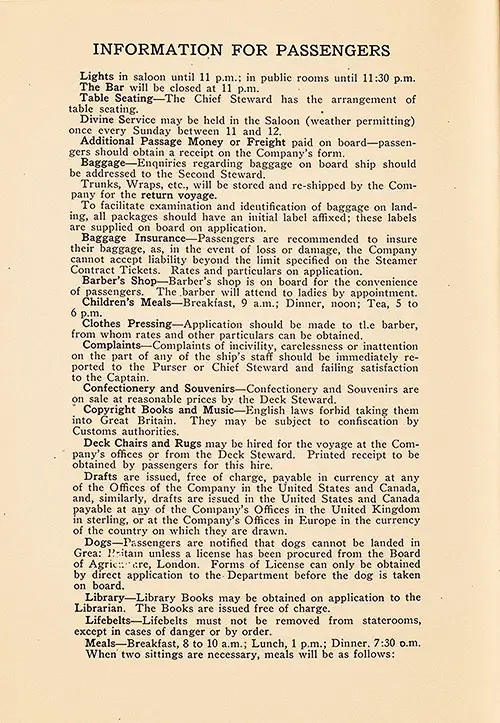 Information for Passengers, Part 1, TSS Cameronia Tourist Third Cabin/Student Travel Club Passenger List, 2 July 1927.