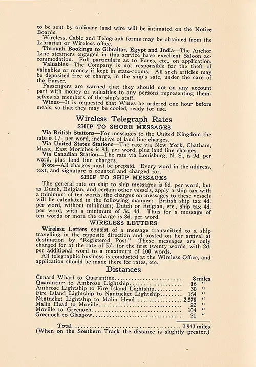 Information for Passengers, Part 3, Wireless Telegraph Rates, Wireless Letters, Table of Distances, TSS Cameronia Tourist Third Cabin/Student Travel Club Passenger List, 2 July 1927.