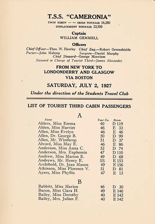 Senior Officers and Staff, TTC Passengers, Part 1 (Ahlers to Julian F. Bailey), TSS Cameronia Tourist Third Cabin/Student Travel Club Passenger List, 2 July 1927.