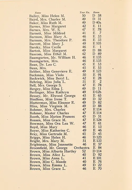 TTC Passengers, Part 2 (Helen M. Bailey to Grace L. Brown), TSS Cameronia Tourist Third Cabin/Student Travel Club Passenger List, 2 July 1927.