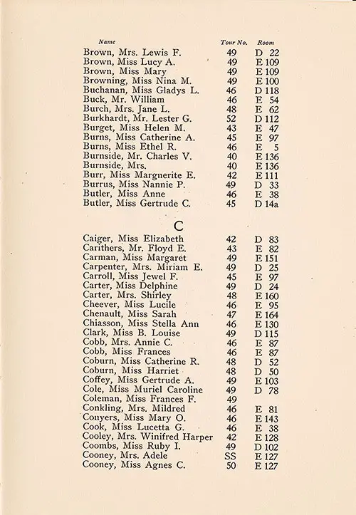 TTC Passengers, Part 3 (Lewis F. Brown to Cooney), TSS Cameronia Tourist Third Cabin/Student Travel Club Passenger List, 2 July 1927.