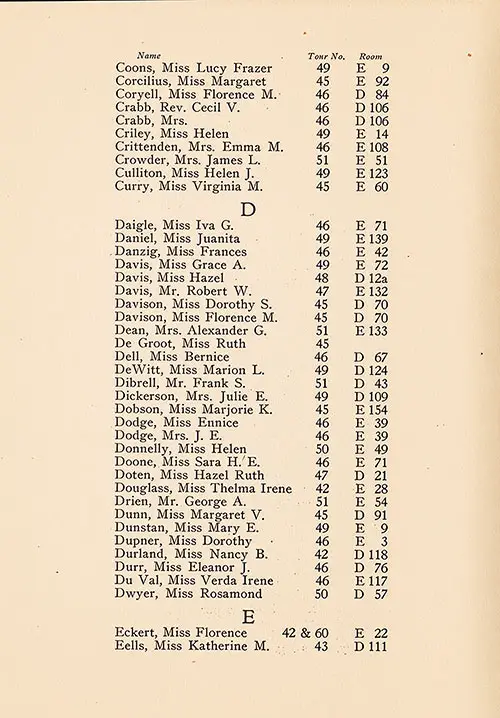 TTC Passengers, Part 4 (Coons to Eells), TSS Cameronia Tourist Third Cabin/Student Travel Club Passenger List, 2 July 1927.