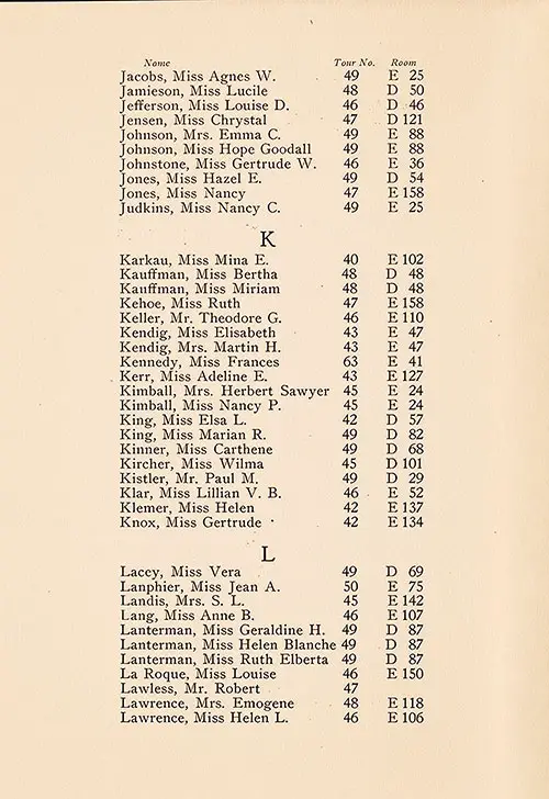 TTC Passengers, Part 8 (Jacobs to Helen L. Lawrence), TSS Cameronia Tourist Third Cabin/Student Travel Club Passenger List, 2 July 1927.