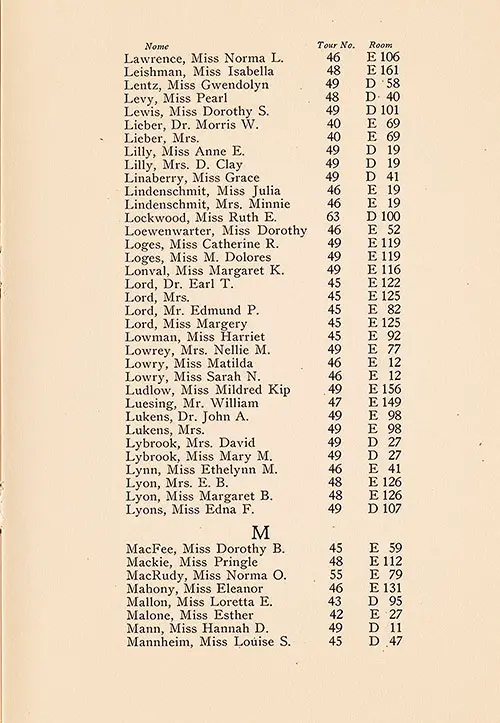 TTC Passengers, Part 9 (Norma L. Lawrence to Mannheim), TSS Cameronia Tourist Third Cabin/Student Travel Club Passenger List, 2 July 1927.