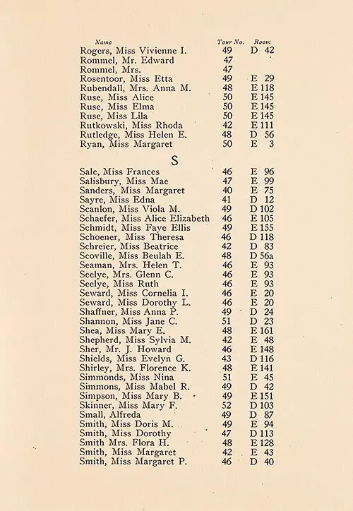 TTC Passengers, Part 13 (Rogers to Margaret P. Smith), TSS Cameronia Tourist Third Cabin/Student Travel Club Passenger List, 2 July 1927.