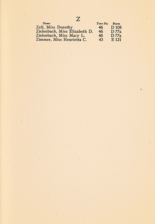 TTC Passengers, Part 17 (Zell to Zimmer), TSS Cameronia Tourist Third Cabin/Student Travel Club Passenger List, 2 July 1927.