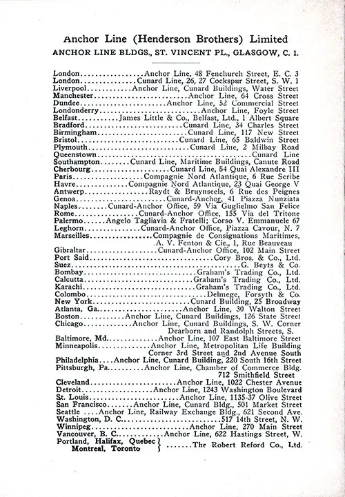 Anchor Line (Henderson Brothers) Limited, Offices and Agencies. TSS Cameronia Tourist Third Cabin/Student Travel Club Passenger List, 2 July 1927.