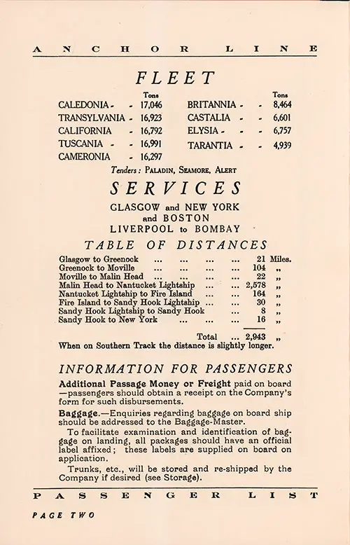 Anchor Line Fleet List, Global Services, Table of Distances, and Information for Passengers, Part 1. TSS Cameronia Cabin and Tourist Class Passenger List, 16 August 1933.