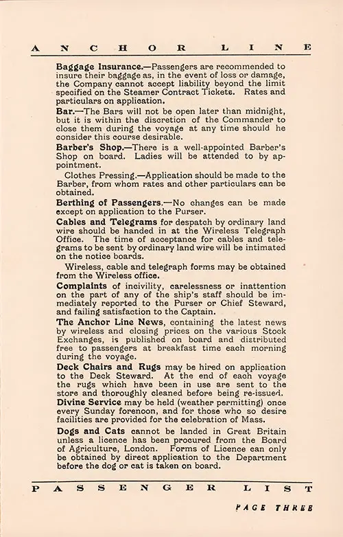 Information for Passengers, Part 2. TSS Cameronia Cabin and Tourist Class Passenger List, 16 August 1933.