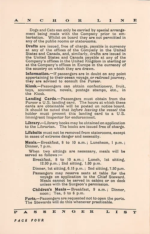 Information for Passengers, Part 3. TSS Cameronia Cabin and Tourist Class Passenger List, 16 August 1933.