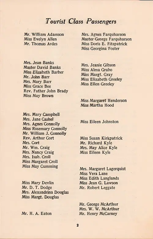 List of Tourist Class Passengers, Part 1. TSS Cameronia Cabin and Tourist Class Passenger List, 16 August 1933.