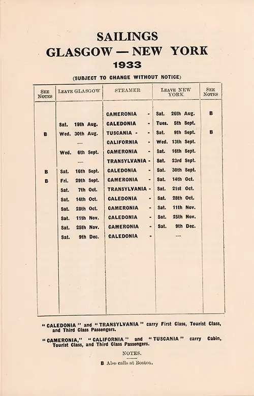 Sailing Schedule, Glasgow-New York, From 18 August 1933 to 9 December 1933.