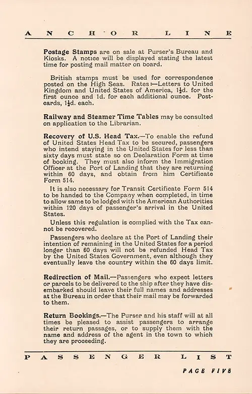 Information for Passengers, Part 5. TSS Cameronia Cabin and Tourist Class Passenger List, 16 August 1933.